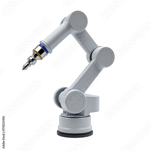 Futuristic industrial robotic arm with metal end effector against a transparent background