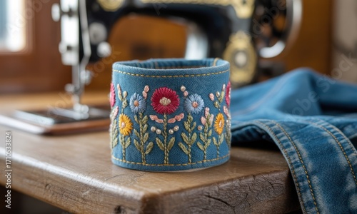 Embroidered denim cuff on wooden table
