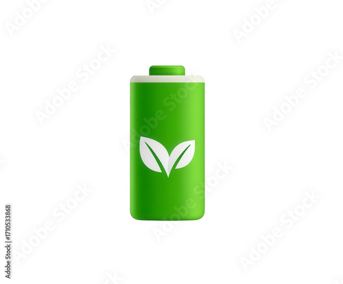 Green battery with leaves isolated on transparent background, ecofriendly energy concept