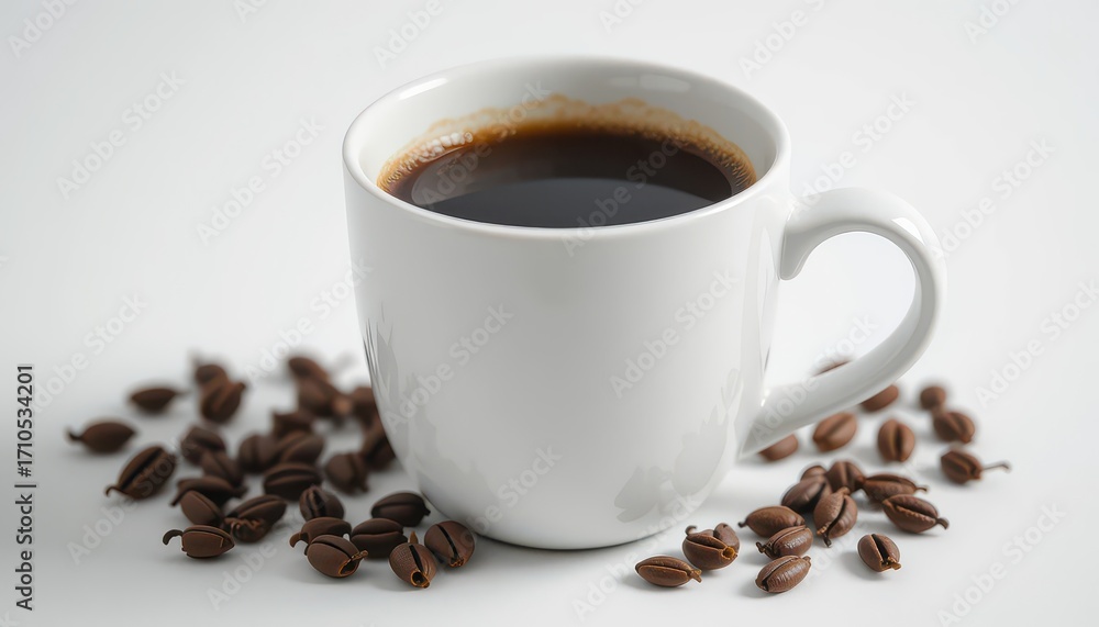 Obraz premium Steaming fresh coffee in a clean white mug surrounded by rich roasted beans, perfect morning boost.