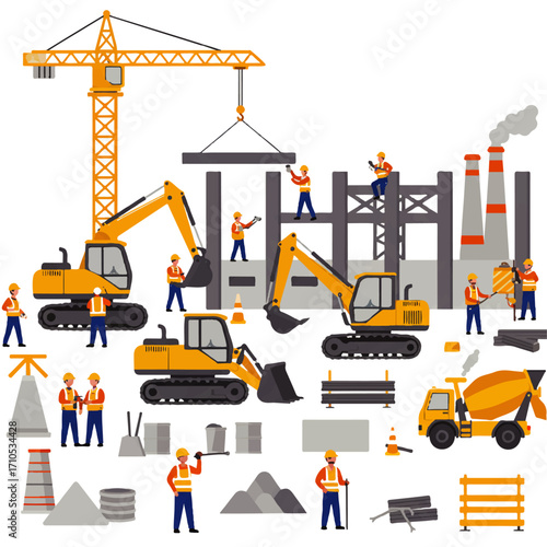 Illustration of a construction site with workers, crane, excavators, cement mixer, and building structure in progress, set against a white background.