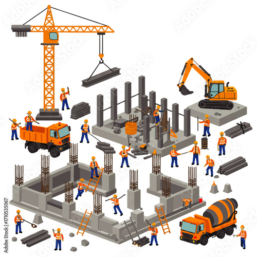 Isometric illustration depicting a construction site with workers, crane, excavator, cement mixer, and building foundation in progress.