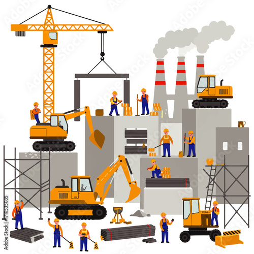 Construction site illustration featuring workers, heavy machinery like excavators and a crane, and a factory with smoking chimneys.