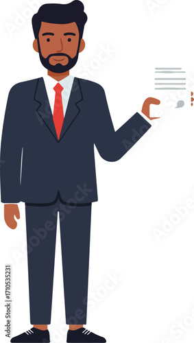 A man in a suit holds a document.