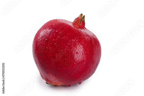 Fresh Red Pomegranate with Water Droplets on White Background