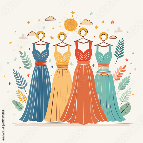 Four Colorful Maxi Dresses Hanging on Racks