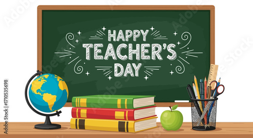 Happy Teacher s Day Chalkboard Books Globe Apple School Supplies