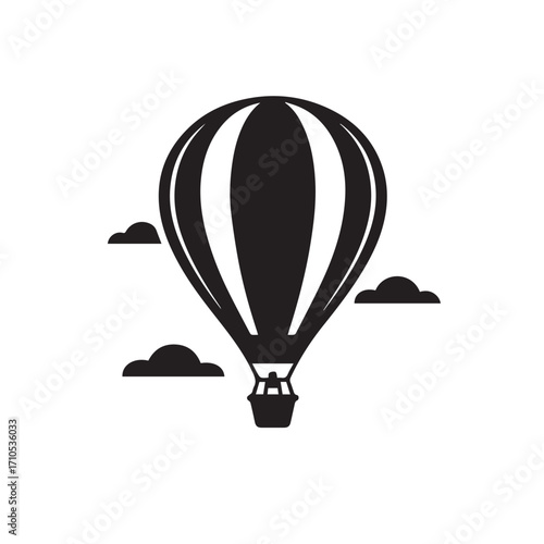 Black silhouette of a hot air balloon with a basket floating in the sky among stylized clouds, isolated on white background technology background