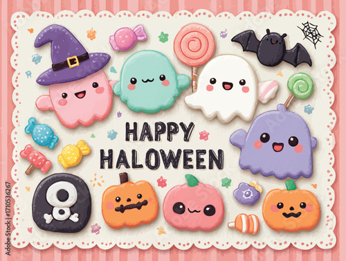 パステルカラーのハロウィンイラストレーション - 可愛いゴーストクッキー