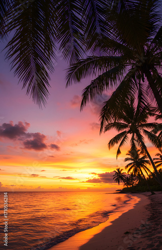 Tropical Beach Sunset with Palm Trees and Vibrant Sky