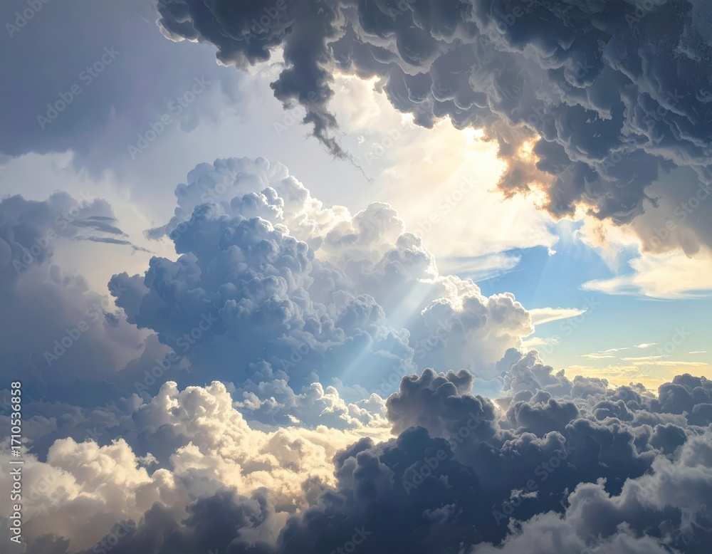 Naklejka premium A vast expanse of cumulus clouds fills the sky, showcasing a dramatic interplay of light and shadow, with sun rays piercing through the dense clouds.
