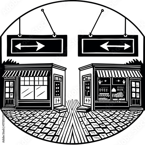 Two shops facing each other with directional signs above store storefront