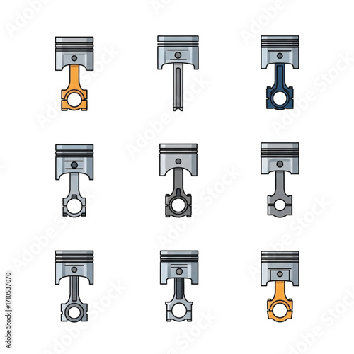 A collection of nine different piston designs with connecting rods, presented in a grid arrangement against a white background.