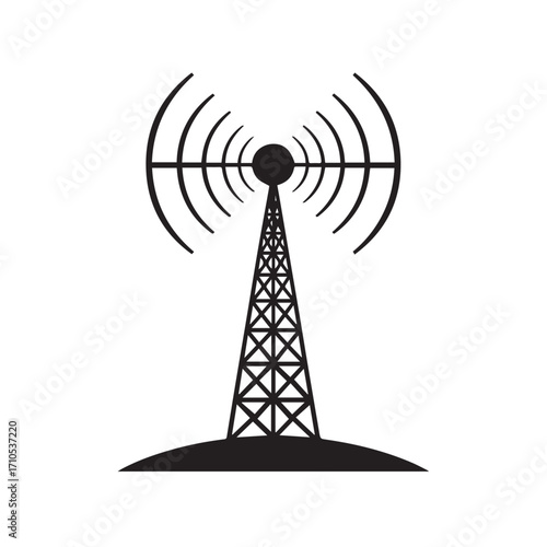 Black silhouette of a radio tower with signal waves emanating from the top, isolated on white background technology background