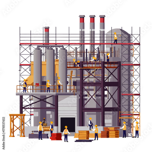 Illustration of a construction site with workers building an industrial plant with scaffolding, pipes, and stacks, surrounded by materials.
