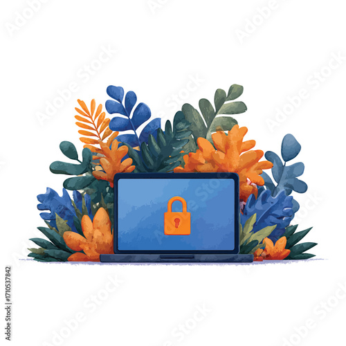 青い画面のラップトップと植物のベクターイラスト