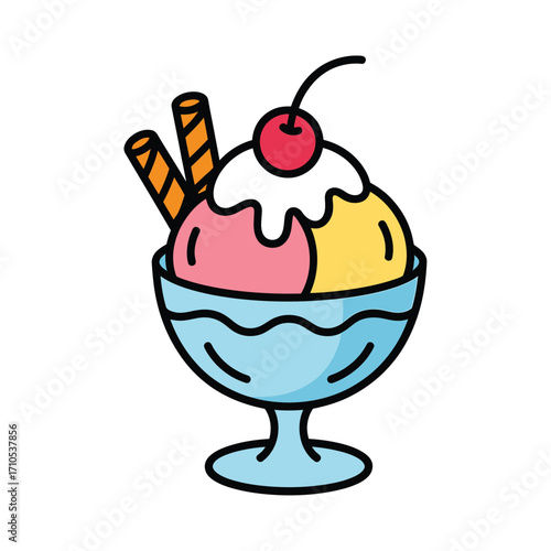 Delicious cartoon ice cream sundae with cherry and wafers