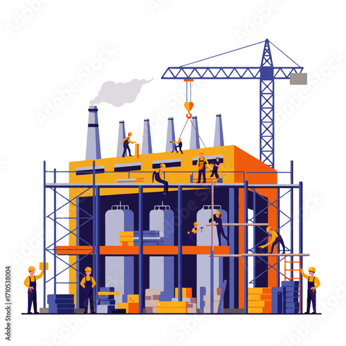 Illustration of a construction site with workers building a factory, featuring scaffolding, a crane, and smoke coming from the chimneys.