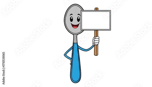 A cartoon spoon character stands confidently, holding a blank sign against a plain white background.