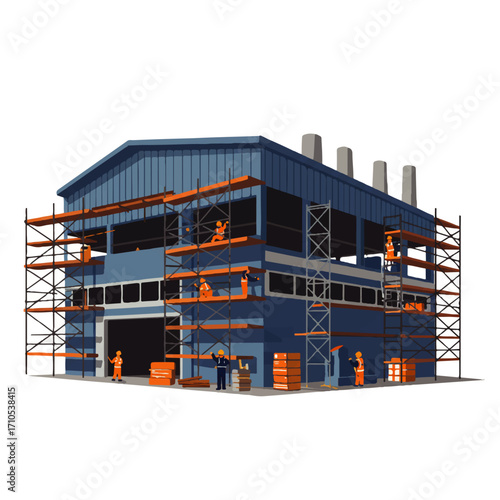 Illustration of a blue industrial building under construction with workers on scaffolding and near a large open doorway.