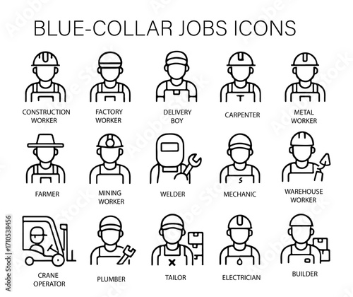 Blue-collar jobs icon set outline for construction, repair, mechanic, factory, farming, and trade work