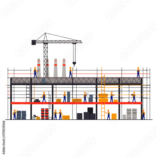 Construction workers building a structure with scaffolding, crane, and materials, showcasing industrial activity and teamwork.