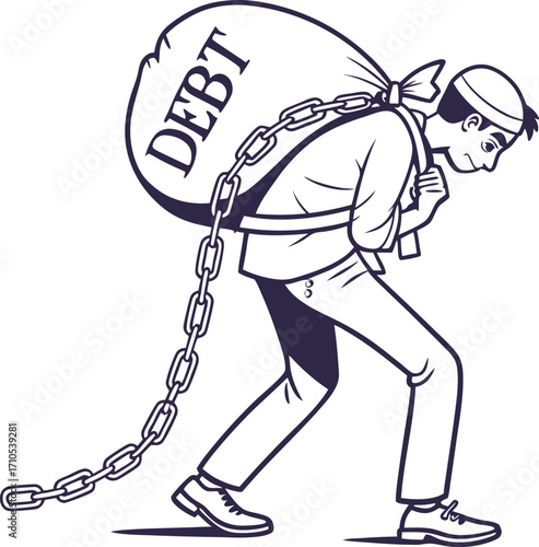 Person carrying heavy debt bag outline icon.