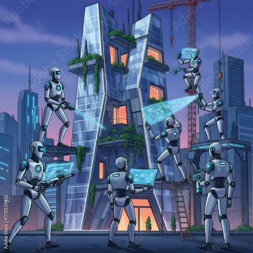 Robots maintain and repair a futuristic building with overgrown plants in a cityscape at dusk, using screens and tools.