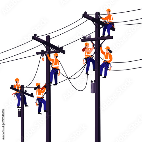 Illustrated group of electrical workers in safety gear working on power lines atop utility poles against a white background.
