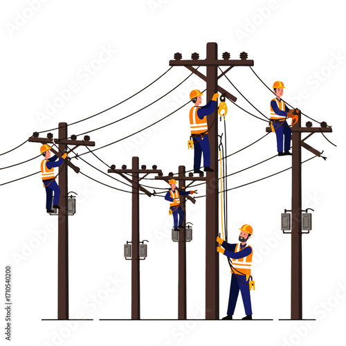 Illustration of six electrical workers wearing safety gear repairing and maintaining power lines on wooden utility poles against a white background.