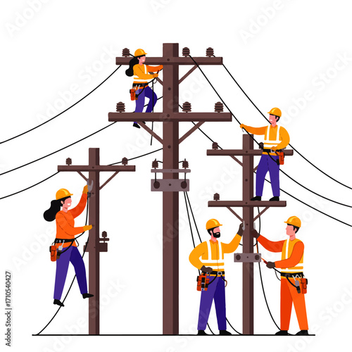A group of electrical workers are repairing and maintaining power lines on utility poles, wearing safety gear.