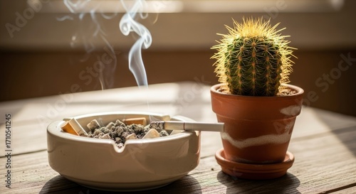 Smoking cigarette in ash tray beside potted cactus on wooden surface