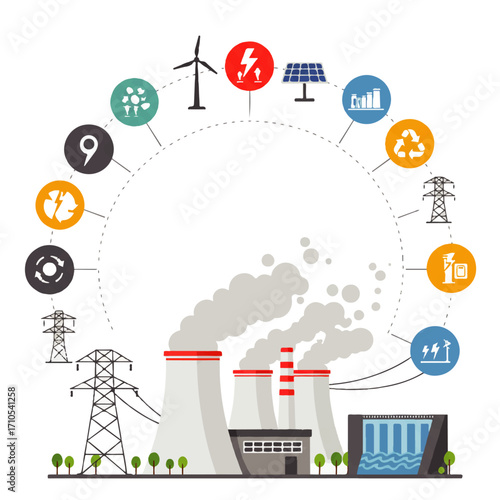 Illustration showcasing various energy sources, including nuclear, wind, solar, hydroelectric, and power grid infrastructure, connected in a circular diagram.