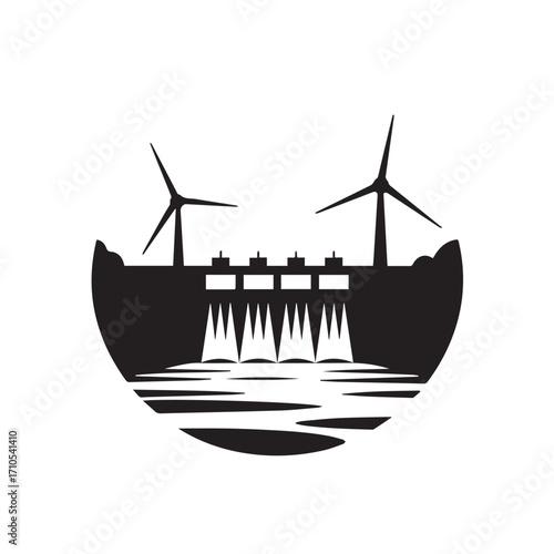 Silhouette of a hydroelectric dam with wind turbines on top, generating clean energy, isolated on white background technology background