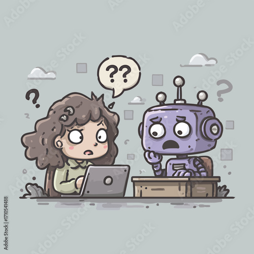 シンプルなベクタースタイルイラスト：困惑する少女とロボット