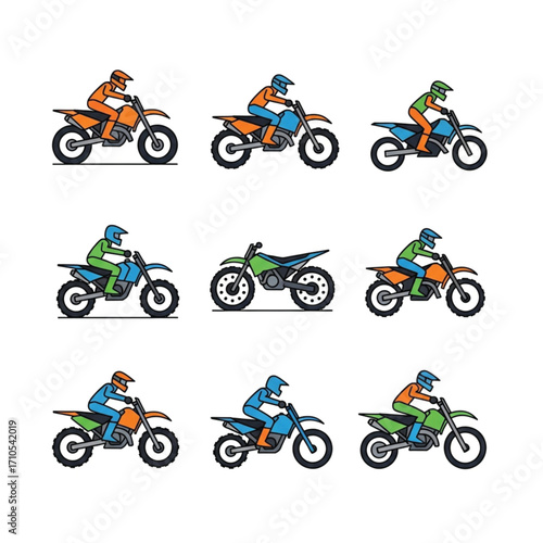 Colorful Motocross Bikes and Riders Illustration Set Racing Style.