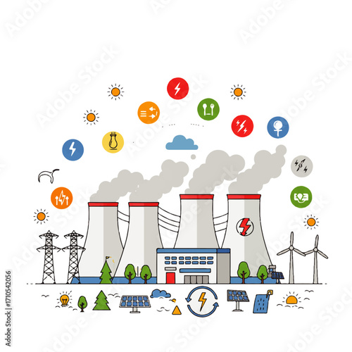 Illustration depicting a power plant with cooling towers, solar panels, wind turbines, and symbols of renewable and non-renewable energy sources.