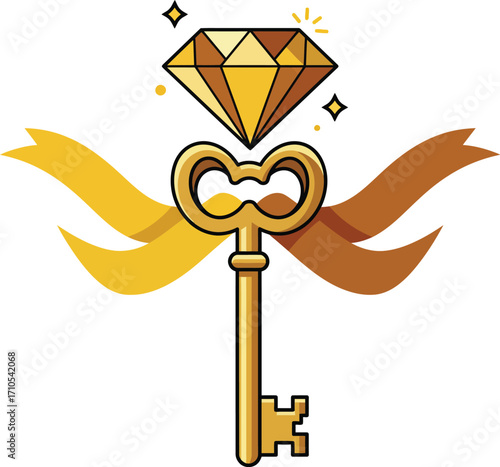 Golden key crowned with diamond and flowing ribbons symbolizing success treasure opportunity and achievement vector