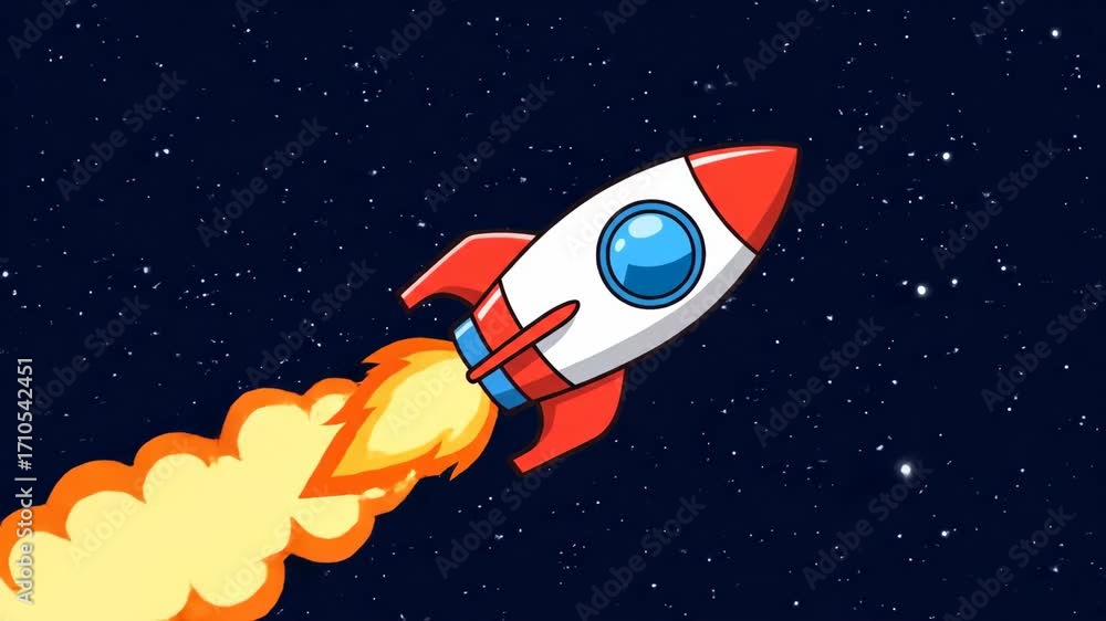 Cartoonistic Rocketship A vibrant cartoon illustration of a rocket ship soaring through the ...