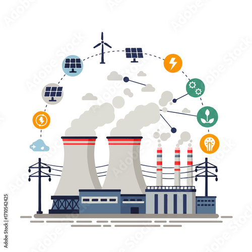 Illustration of a power plant with cooling towers, connected to renewable energy sources like solar panels and wind turbines, symbolizing sustainable energy.