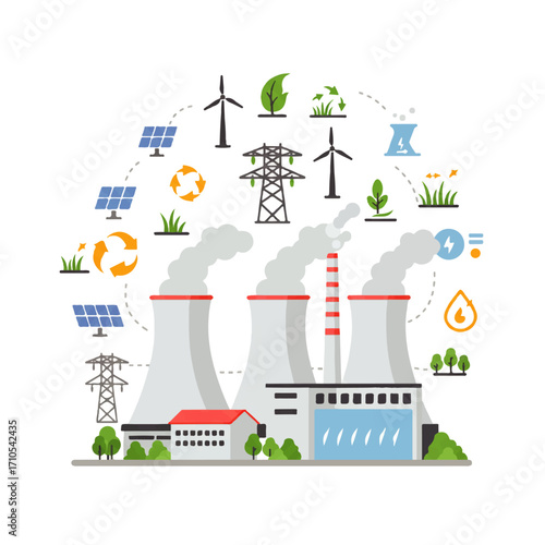 Illustration depicting a power plant surrounded by renewable energy sources like solar panels and wind turbines, showcasing energy production concepts.