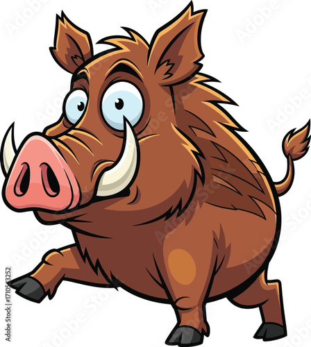 Whimsical cartoon wild boar running with big eyes and tusks expressing surprise or excitement ideal for children's books and educational content vector