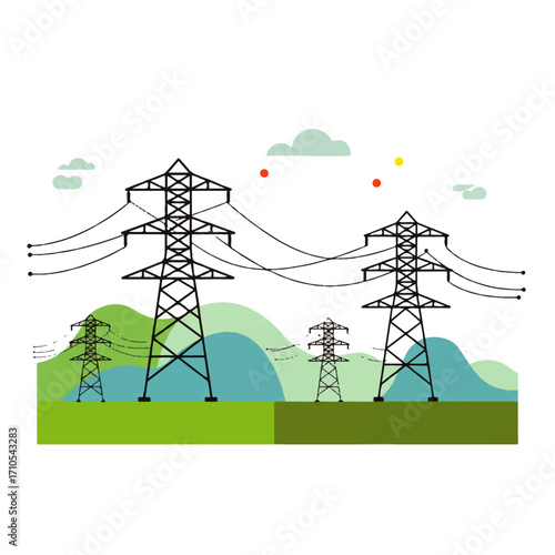 Illustration of power lines and pylons stretching across a green and blue hilly landscape under a cloudy sky.