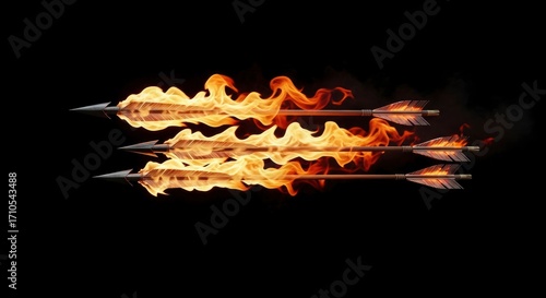 Three arrows with flaming fletchings fly across a black background