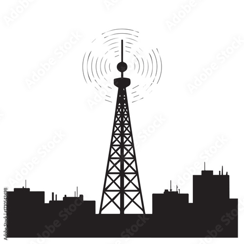 Silhouette of a tall communication tower broadcasting signals over a city skyline, isolated on white background technology background