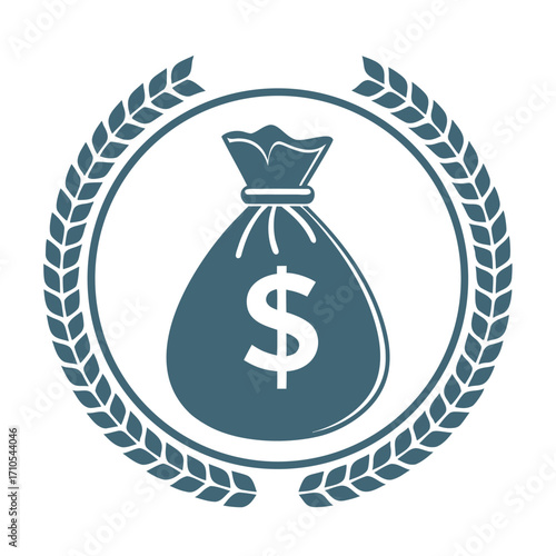 Blue money bag with dollar sign inside laurel wreath vector graphic symbol