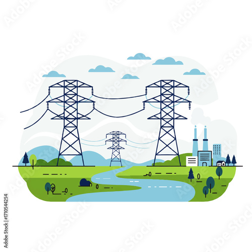 Illustration of power lines stretching across a green landscape with a river and a power plant in the background.