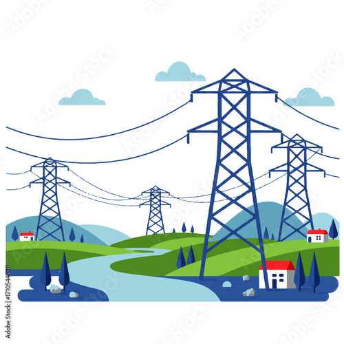 Illustration of power lines stretching across a green landscape with rolling hills, a river, houses, and stylized trees under a cloudy sky.