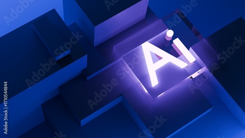 AI, artificial intelligence logo on blue geometric square background. 3d render artificial intelligence concept,