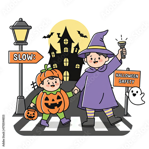 Halloween scene with children dressed as witch and pumpkin, crossing street at night with spooky decorations and safety signs, creating festive and safe atmosphere for kids during Halloween